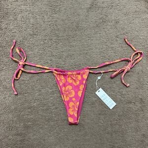 Frankies Bikinis Tia Terry String Bottom Pink Hibiscus Size Medium Skimpy